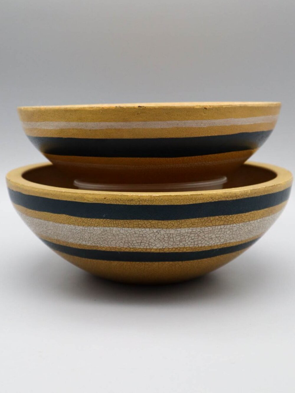 Set of 2 Primitive Style Wooden Nesting Bowls Striped Crackle Glaze Farmhouse